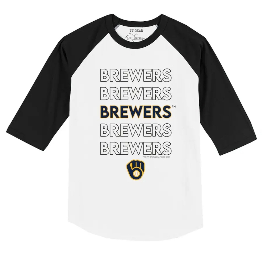 NWT Milwaukee Brewers Tiny Turnip Stacked Raglan 3/4 Sleeve T-Shirt - White/Blue